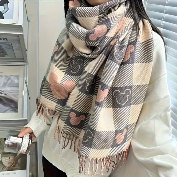 Plush Tan Black White MICKEY MOUSE Scarf Wrap Buffalo Check Long Wide - Picture 7 of 7